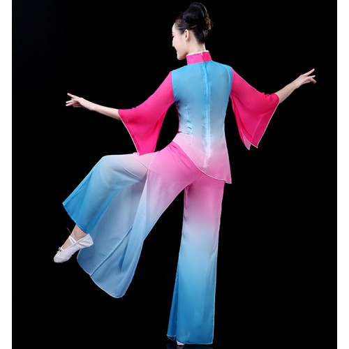 Women's pink with blue colored traditional chinese folk dance costumes ancient yangko fan dance umbrella stage performance dresses